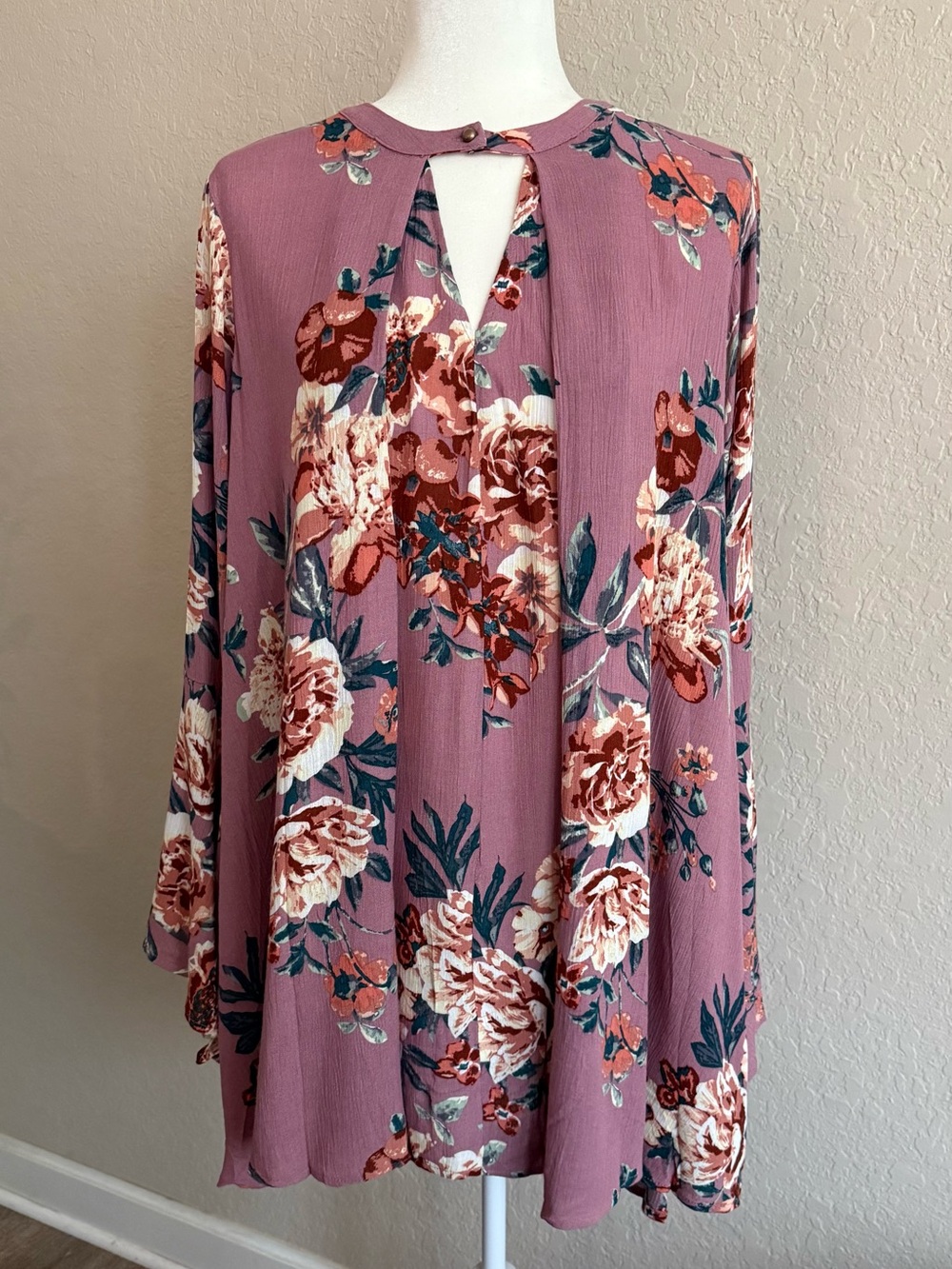 Umgee Mauve Floral Bell Sleeve Boho Tunic Dress Size Small NWT